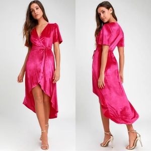 AMOUR HOT PINK VELVET HIGH-LOW WRAP DRESS